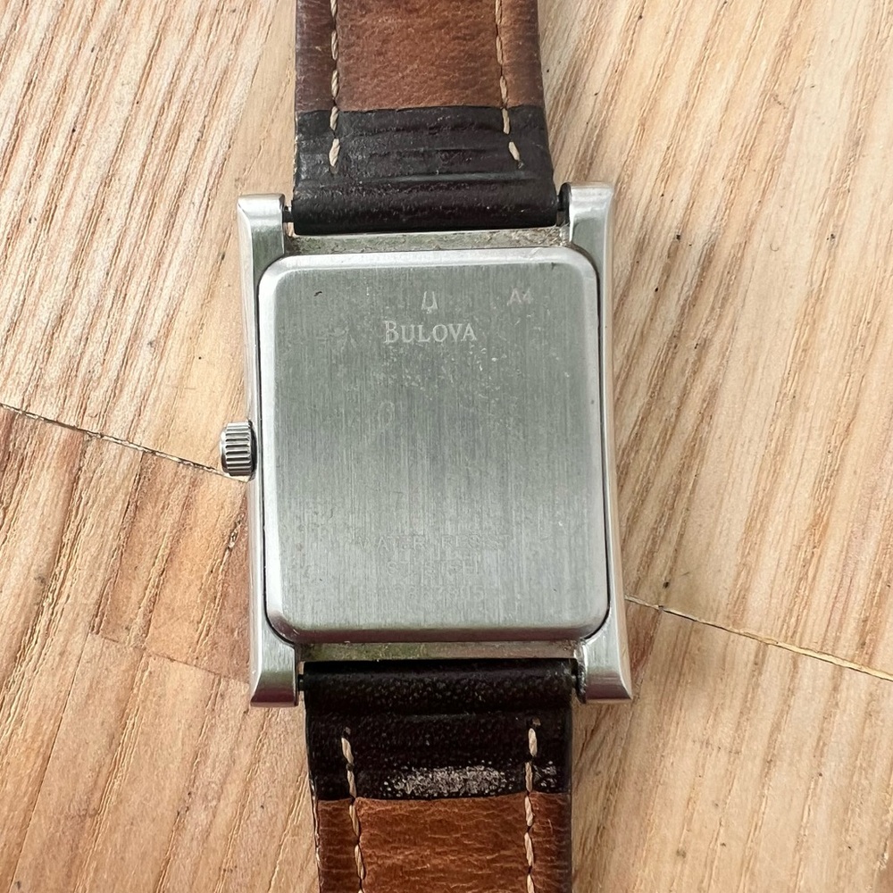 Bulova rectangular silver tone brown leather watc… - image 6